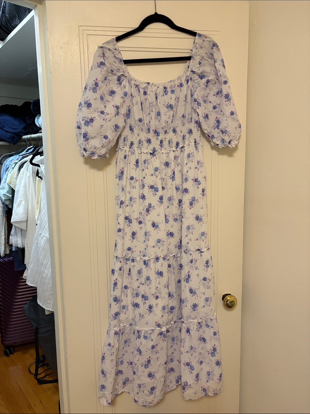 LoveShackFancy White Maxi Dress with Blue Floral Print